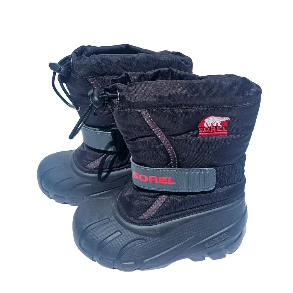 Sorel Flurry Black Red Kids Snow Boots Waterproof Insulated 10 Winter Outdoor